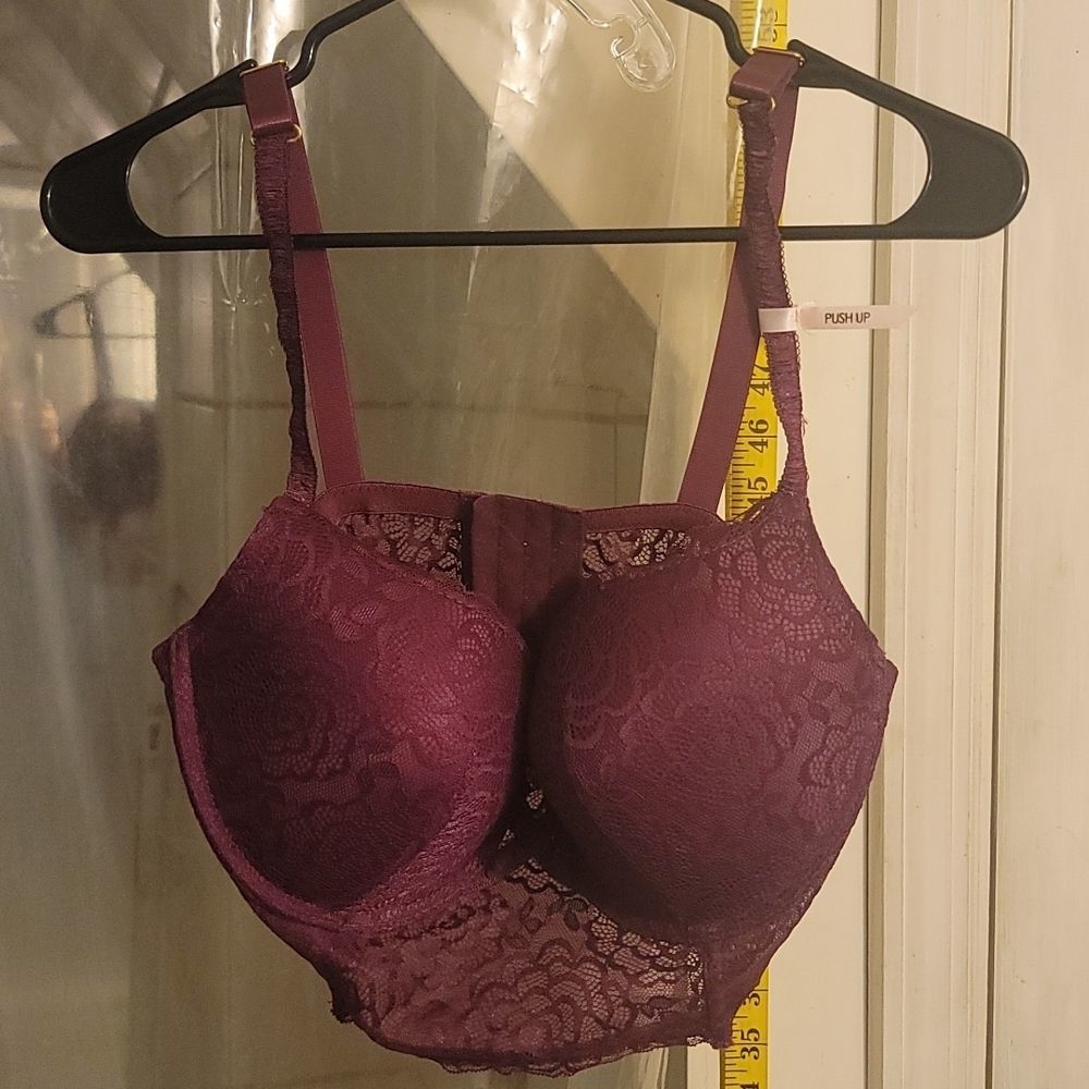 Daisey Fuentes Long Line Bra, PushUp UnderWire 38DD, Maroon, laced Floral
